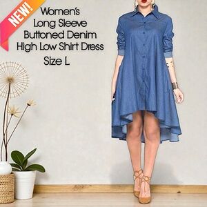 NEW Women’s Long Sleeve Buttoned Denim High Low Shirt Dress